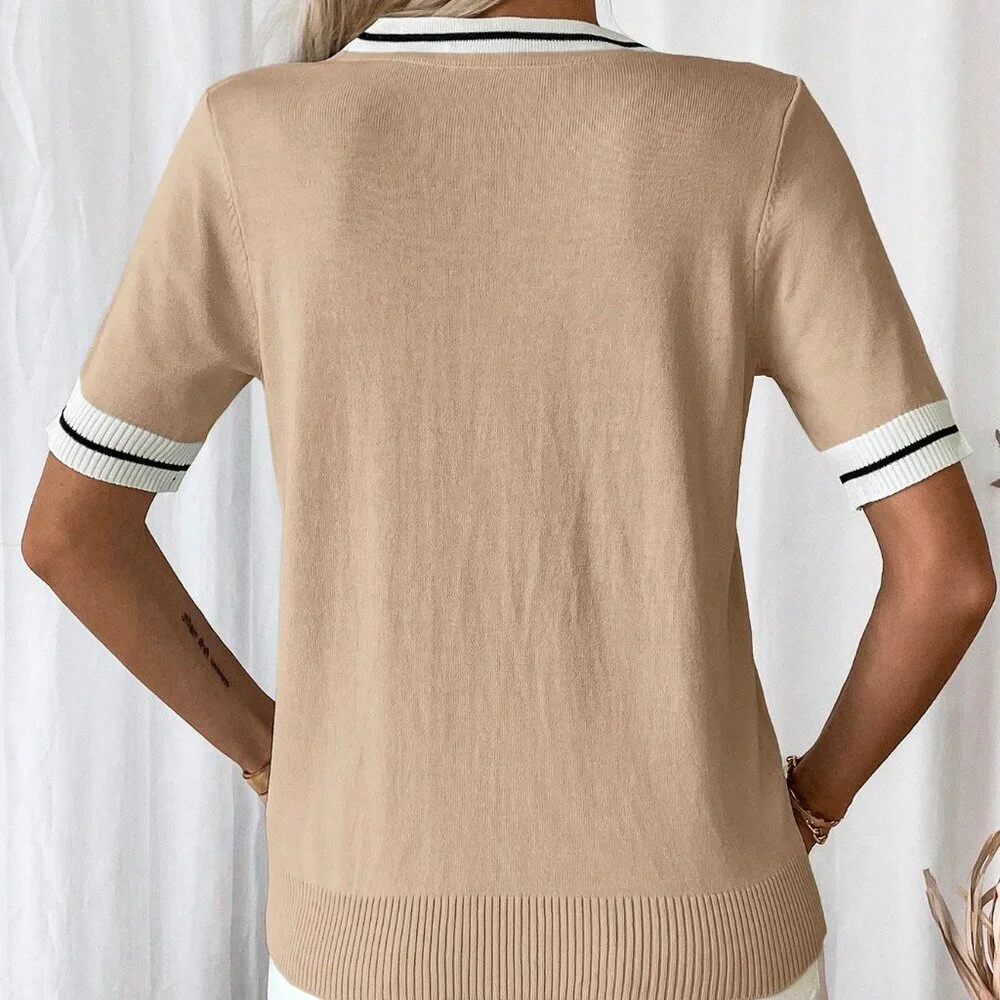 Khaki Casual Women's Contrast Color Striped Short Sleeve Knit Top